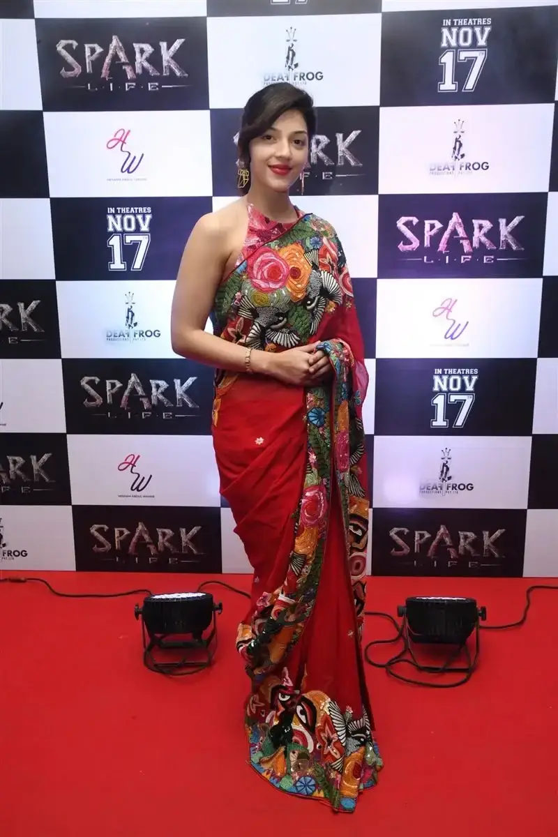 Mehreen Pirzada Red Saree at Spark LIFE Movie Trailer Launch